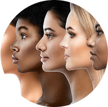 Close up of several different women's faces, all with different skin colors